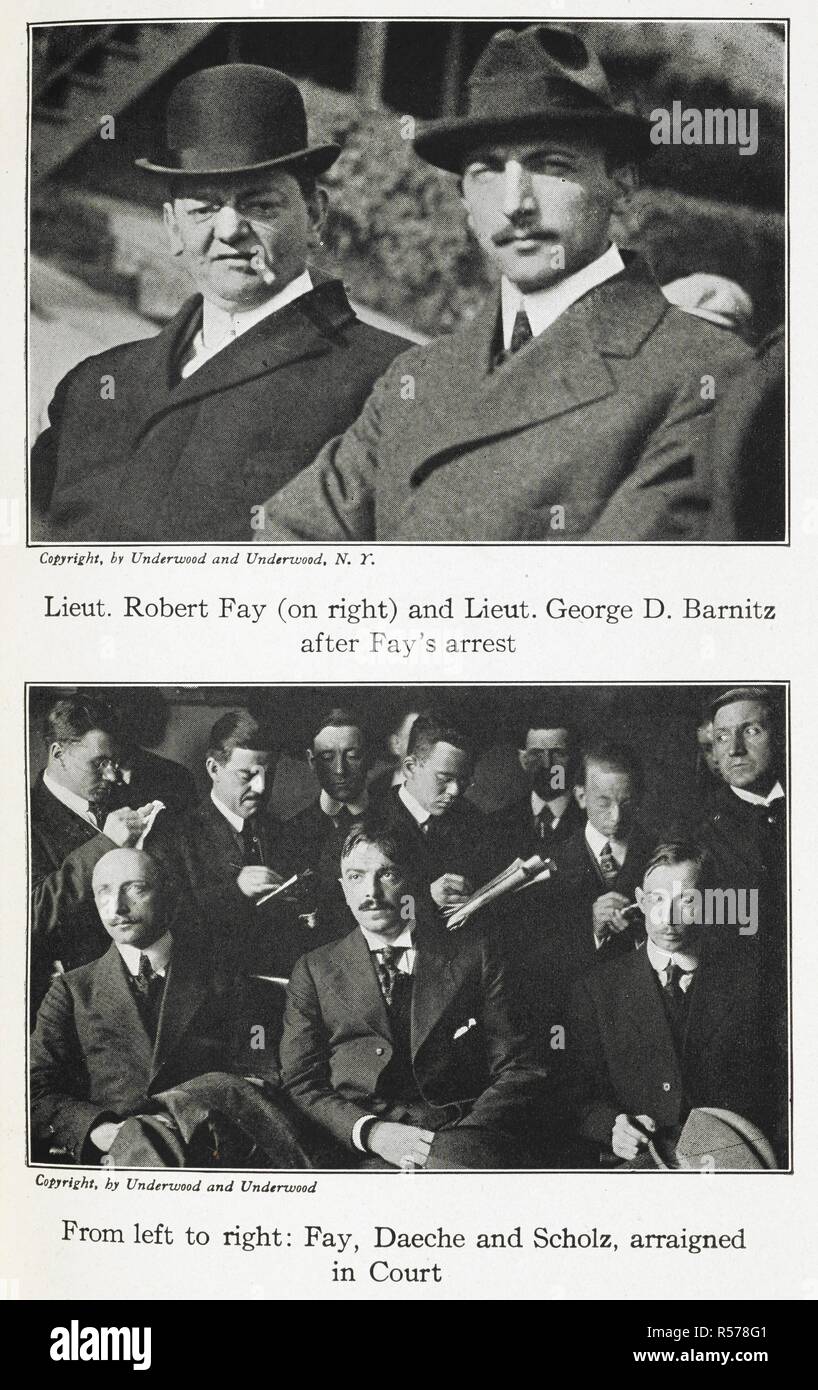 Le Lieut. Robert Fay (à droite) et le Lieut. George D. aus Pommern après l'arrestation de Fay. Fay, Daeche et Scholz, traduit devant un tribunal. Fay a été arrêté pour avoir été en possession d'explosifs. Fay a avoué être officier de l'armée allemande, et le fonctionnement d'un agent des services secrets pour l'Allemagne. Il a été condamné à huit ans de prison, mais il s'est échappé de la prison d'Atlanta après un mois. Il a été repris en Espagne en 1918. . Étranglé ! La détection de l'anarchiste allemand et traceurs bombe ... comme dit de Paul Merrick Hollister ... L'Illustre, etc. Boston : Petits, Maynard & Co., [1919]. Source : 9083.bb.12 Banque D'Images