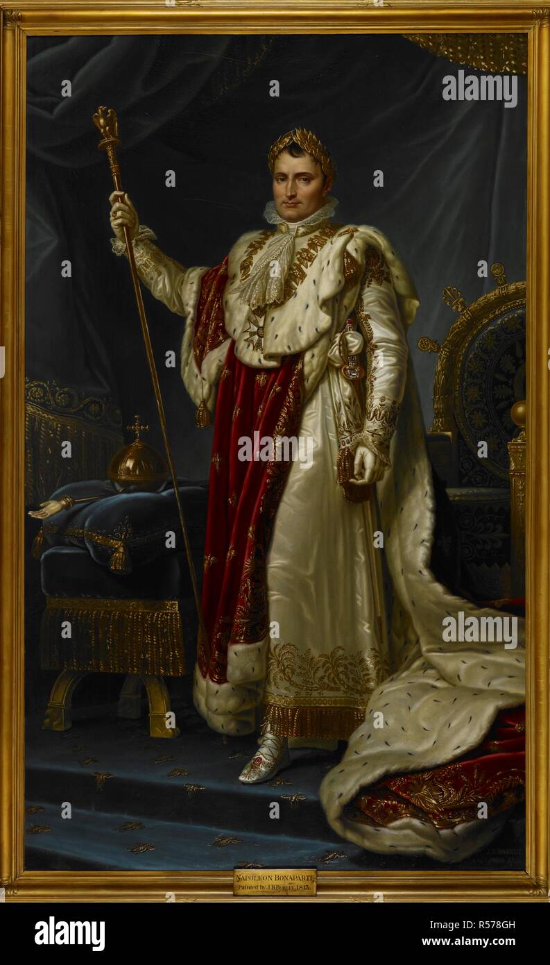 Napoléon Bonaparte. Un portrait en pied de Napoléon dans ses robes d'état.  La peinture est de sept pieds et demi de haut, et quatre et demi de  largeur. L'Empereur est représenté debout