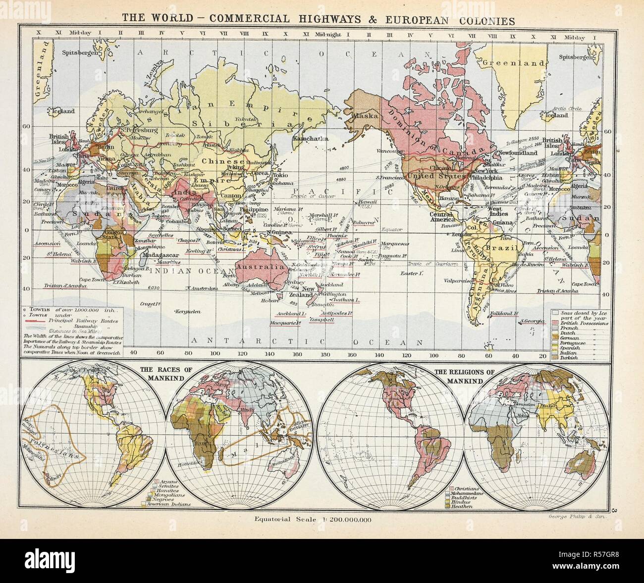 Le monde - les routes commerciales & colonies européennes. Avec les plans montrant "les courses de l'humanité" et "les religions de l'humanité.' . Philips' London School Board Atlas. Une série de 40 plaques de couleur, contenant plus de 90 cartes et plans, imprimé en couleurs, et 8 pages d'introduction de la typographie. Édité par George Philip, Junr., F.R.G.S. London : George Philip & Fils, 1900. Source : Maps.41.c.3, n°3. Banque D'Images