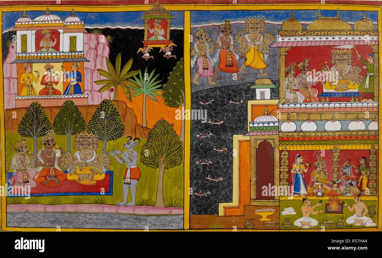 Sur la gauche, Vaisravana quitte Lanka et est considérée la réparation au Mont Kailasa pour vivre. Sur la droite, Ravana et les démons sont illustré de traverser l'océan et occupant le palais à Lanka. Ramayana. Udaipur, 1653. Source : ajouter. 15297(2), f.23. Langue : Sanskrit. Banque D'Images