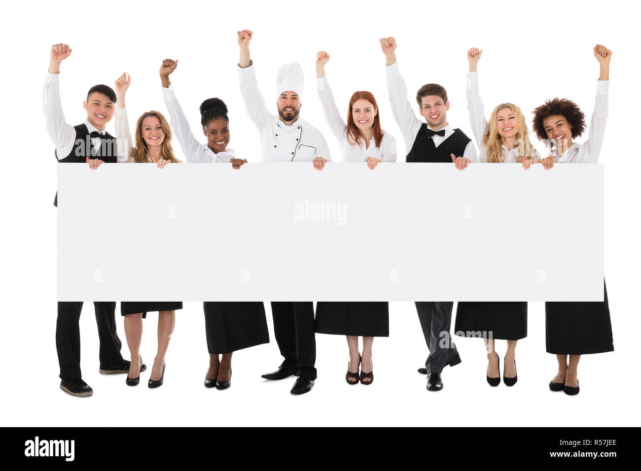 Personnel du Restaurant multiraciale Holding Billboard Banque D'Images