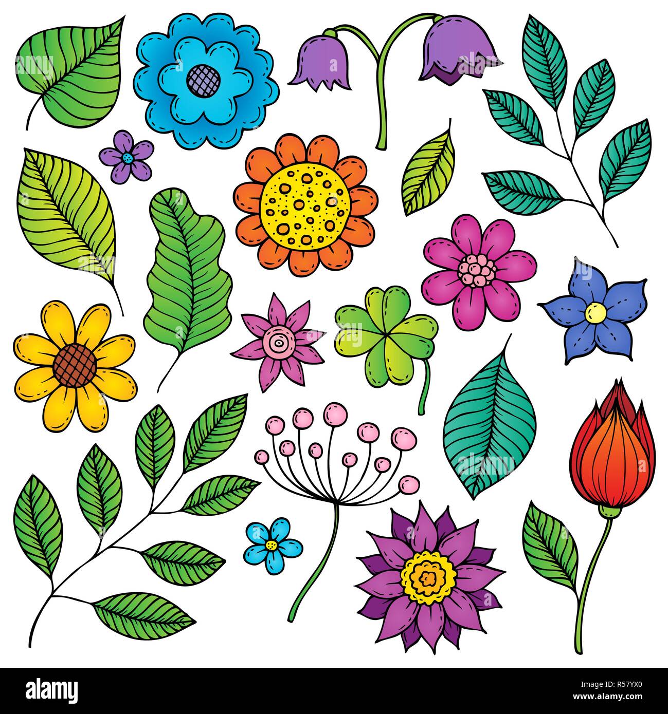 Dessins de fleurs et de feuilles thème 2 Banque D'Images