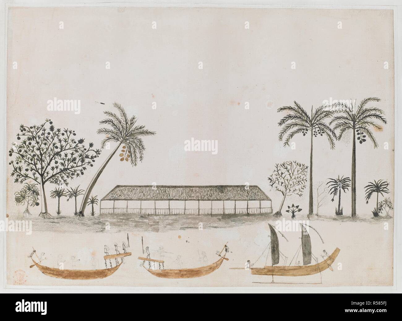 Une scène à Tahiti, avec deux canots de guerre, et d'un canot à voile. Chaque côté de la longue maison, sont l'arbre à pain, pandanus, banane, cocotiers, et l'usine de taro. . Les dessins, à l'encre, d'illustration du capitaine Cook, premier voyage, 1768 -1770, principalement relatifs à Otaheite et la Nouvelle-Zélande, par A. Buchan, John F. Miller, et d'autres. Avril - juin 1769. Dimensions : 267 x 368 couleur crayon et à l'eau. Source : ajouter. 15508, f.14, no.12. Langue : Anglais. Auteur : ARTISTE DE L'endeuillé. Banque D'Images