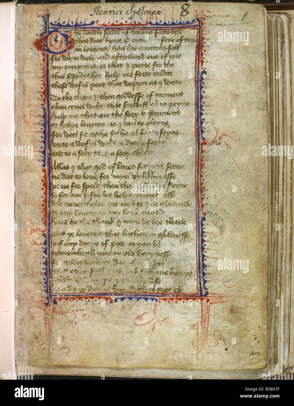 Casse-tête 'initiale T'(il) avec un stylo-floraison au début du texte, et  la propriété de l'inscription dans la marge supérieure. Troilus et  Criseyde. L'Angleterre, 2ème ou 3ème trimestre de la 15e siècle. Source :