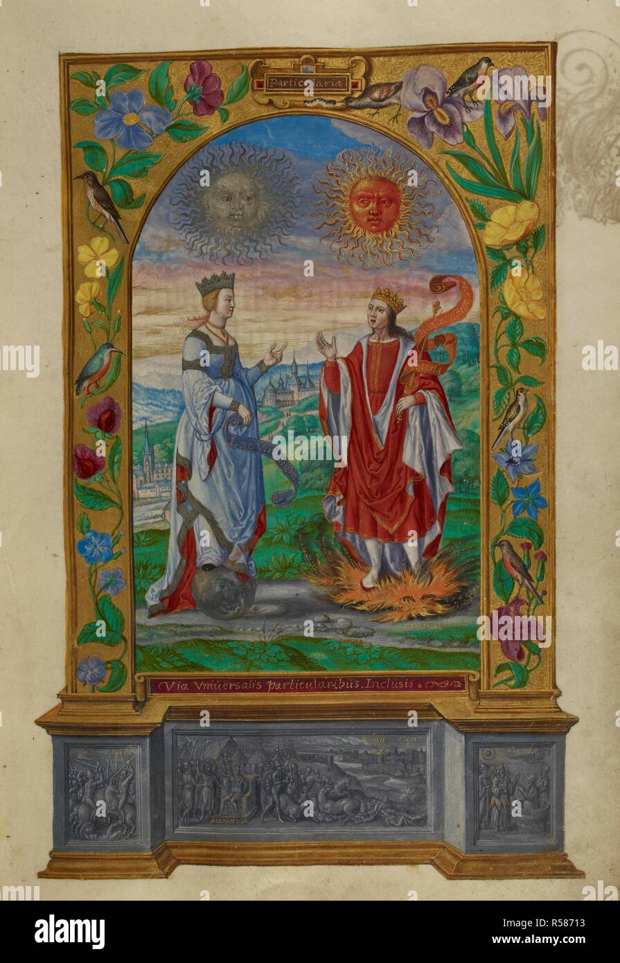 Une miniature du roi et de la reine morte de roulement ; il se dresse au milieu d'un incendie, elle se tient sur une pleine lune. Splendor Solis (un traité alchimique). L'Allemagne, 1582. Source : Harley 3469, f.10. Langue : Allemand. Auteur : Trismosin, Salomon. Banque D'Images