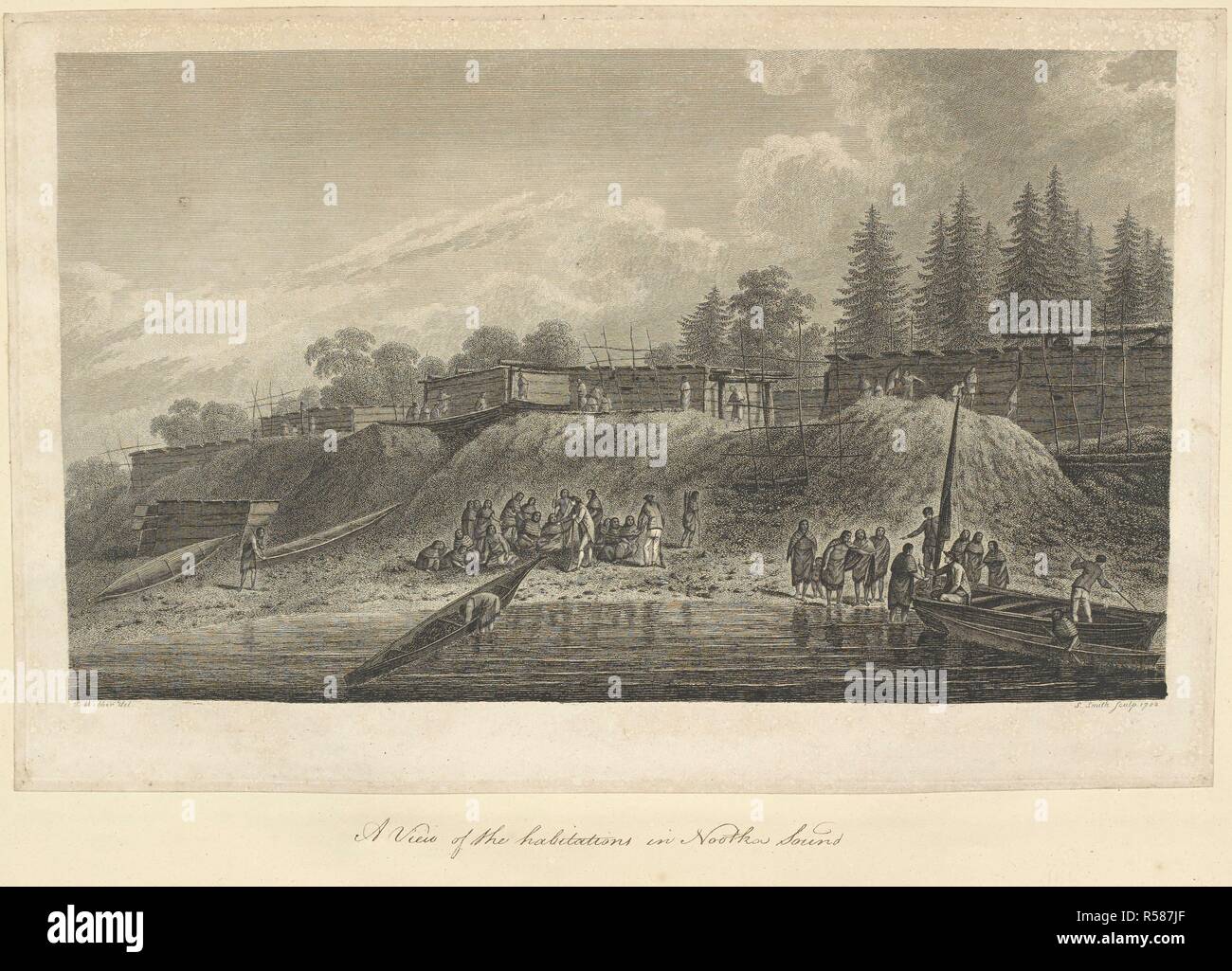 Une vue sur les habitations dans la baie Nootka. Dessiné par John Webber et gravé par Samuel Smith. Vue depuis près de la rive, à l'égard des maisons et les canots des autochtones, avec un groupe de la communication avec les marins sur la côte, et un second groupe d'autres marins à proximité de l'atterrissage dans une barque. Les conifères et les collines en arrière-plan. Une collection de dessins par A. Buchan, S. Parkinson, et J. F. Miller, réalisés dans les pays visités par le capitaine James Cook dans son premier voyage [1768-1771], également d'impressions publié dans ses voyages de John Hawksworth Biron [Byron], Wallis et Cook [1773], ainsi que Banque D'Images