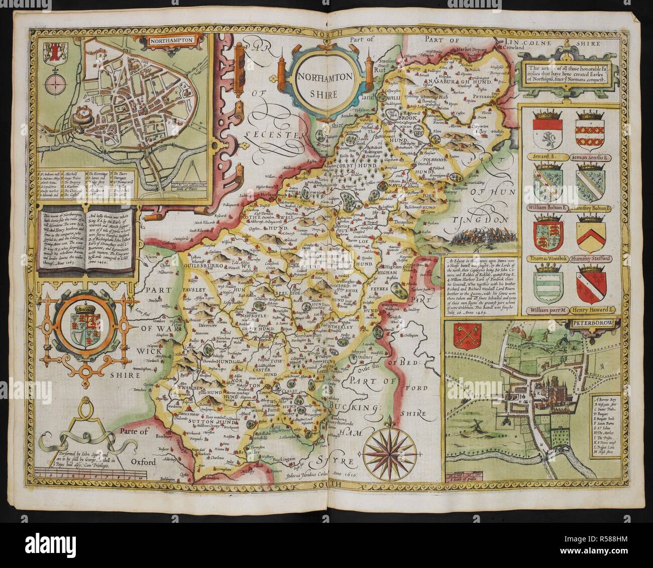 Northamtonshire, 1610. Une carte de Northamptonshire ; cartouches ; Northampton et Peterborough. Le Théâtre de l'Empire de Grande-Bretagne. Londres : John Sudbury & George Humble, 1611. Source : Maps C.7.c.20.(2.), f.55. Auteur : vitesse, John. Banque D'Images