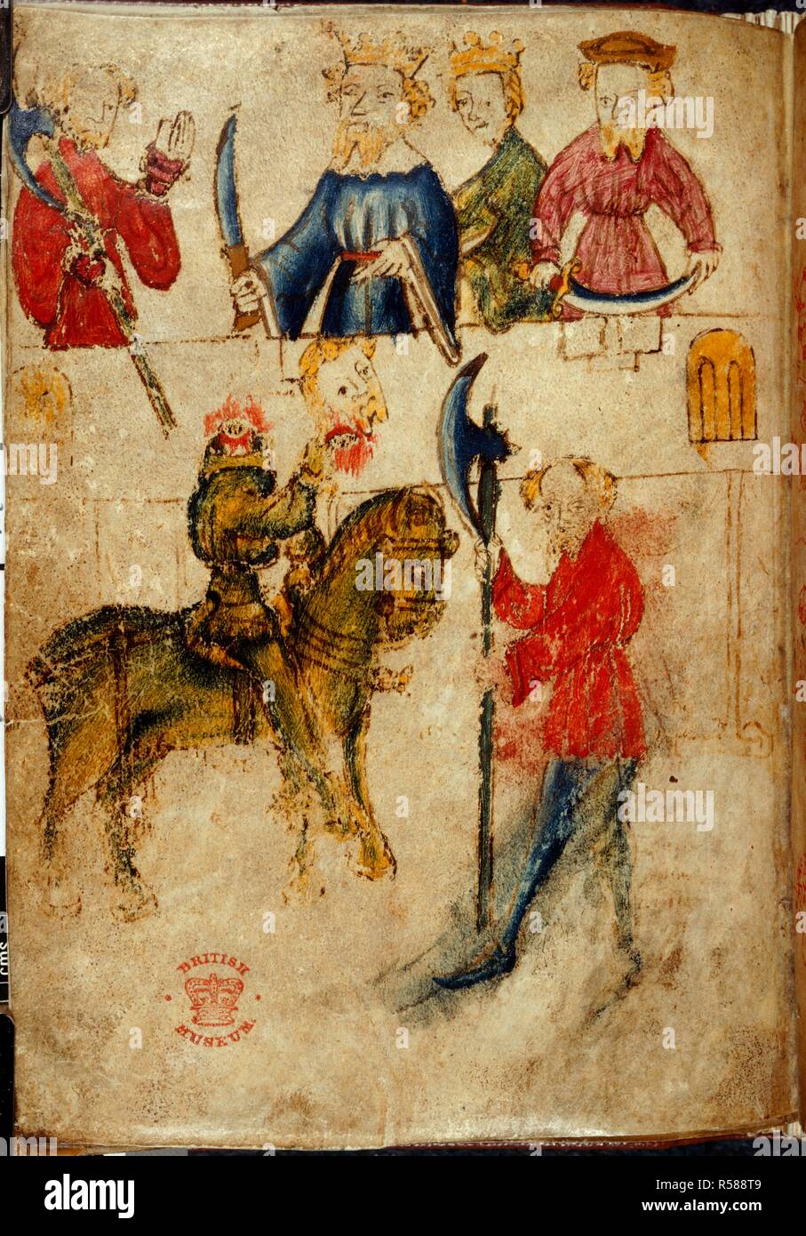 Ensemble (folio) a accordé l'Gawain boon par le Roi Arthur, avec Guenièvre  et courtisan avec épée incurvée, à la fête ; le chevalier vert table à  cheval, tenant sa tête coupée, et