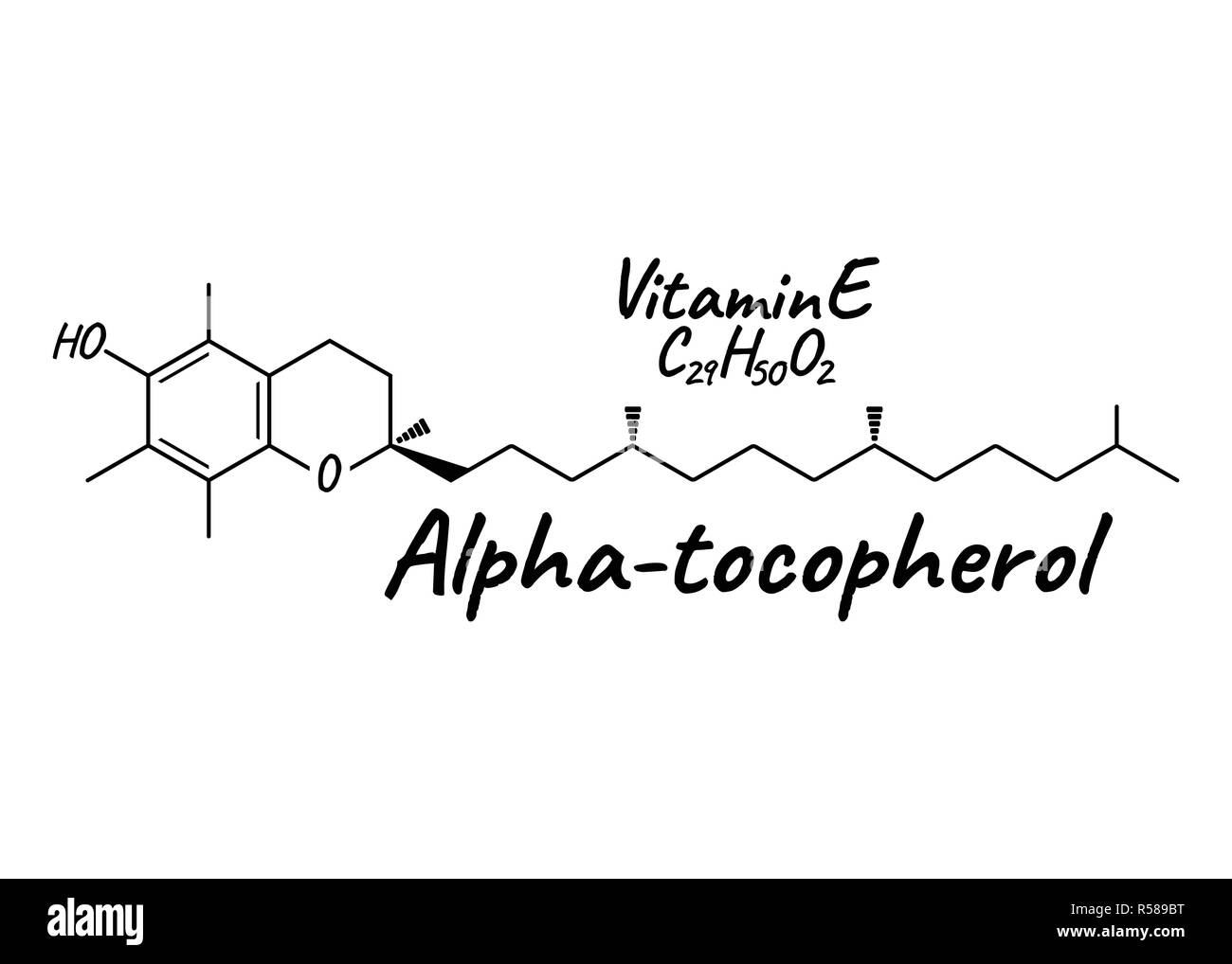 La vitamine E, l'alpha-tocophérol et l'icône de l'étiquette. Formule ...