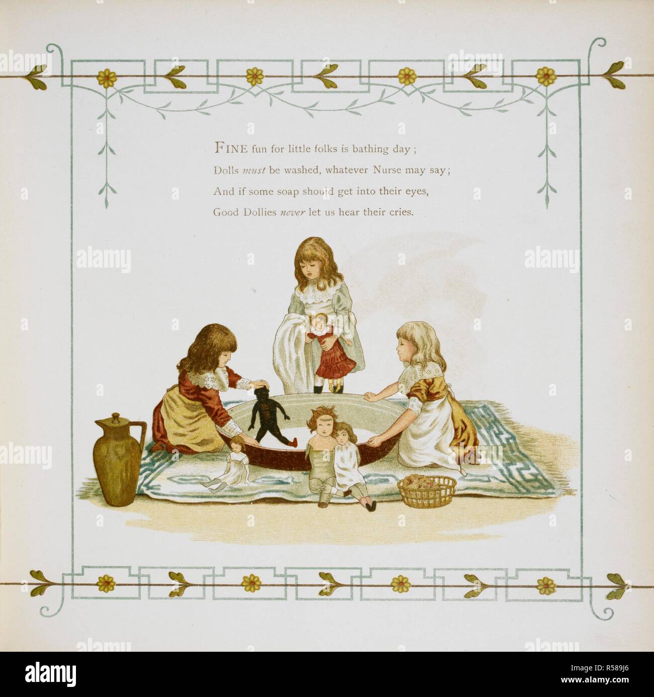 Trois filles lave leurs poupées dans un bol d'eau. À la maison à nouveau. Versets. [Illustré par] J. G. Sowerby et A.. Londres : Marcus Ward & Co., [1886]. Source : 12806.t.30, page 45. Auteur : Sowerby, John : grue, T. Banque D'Images