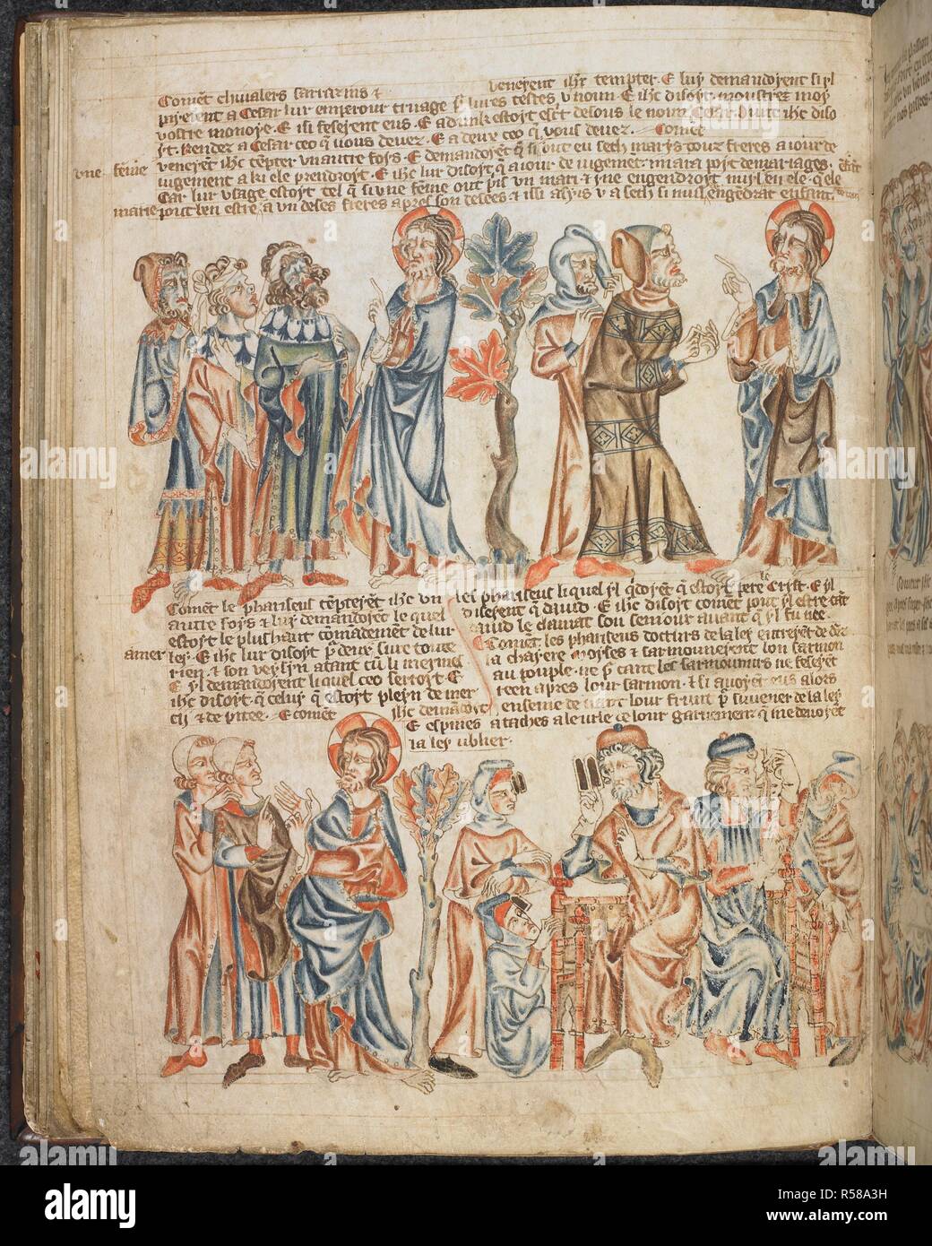 Trois tentatives de piéger le Christ. Holkham Bible Livre d'images. Angleterre, vers 1320-1330. [Ensemble] folio ci-dessus, trois hommes demander si rendre hommage l'argent devrait être accordée à César ; deux Sadducéens proposer l'énigme de la femme avec ses sept frères, et l'état de son mariage, le Jour du Jugement. Ci-dessous, deux pharisiens demandez à Christ qui est le plus grand commandement. Sur la droite, cinq médecins pharisien de la loi considèrent le Christ est difficile question. L'un détient les tables de la loi, porter deux phyllacteries sur leur front, l'un est titulaire d'une épine brindille en face de son visage, et l'autre points à une épine attaché à l'ourlet de Banque D'Images