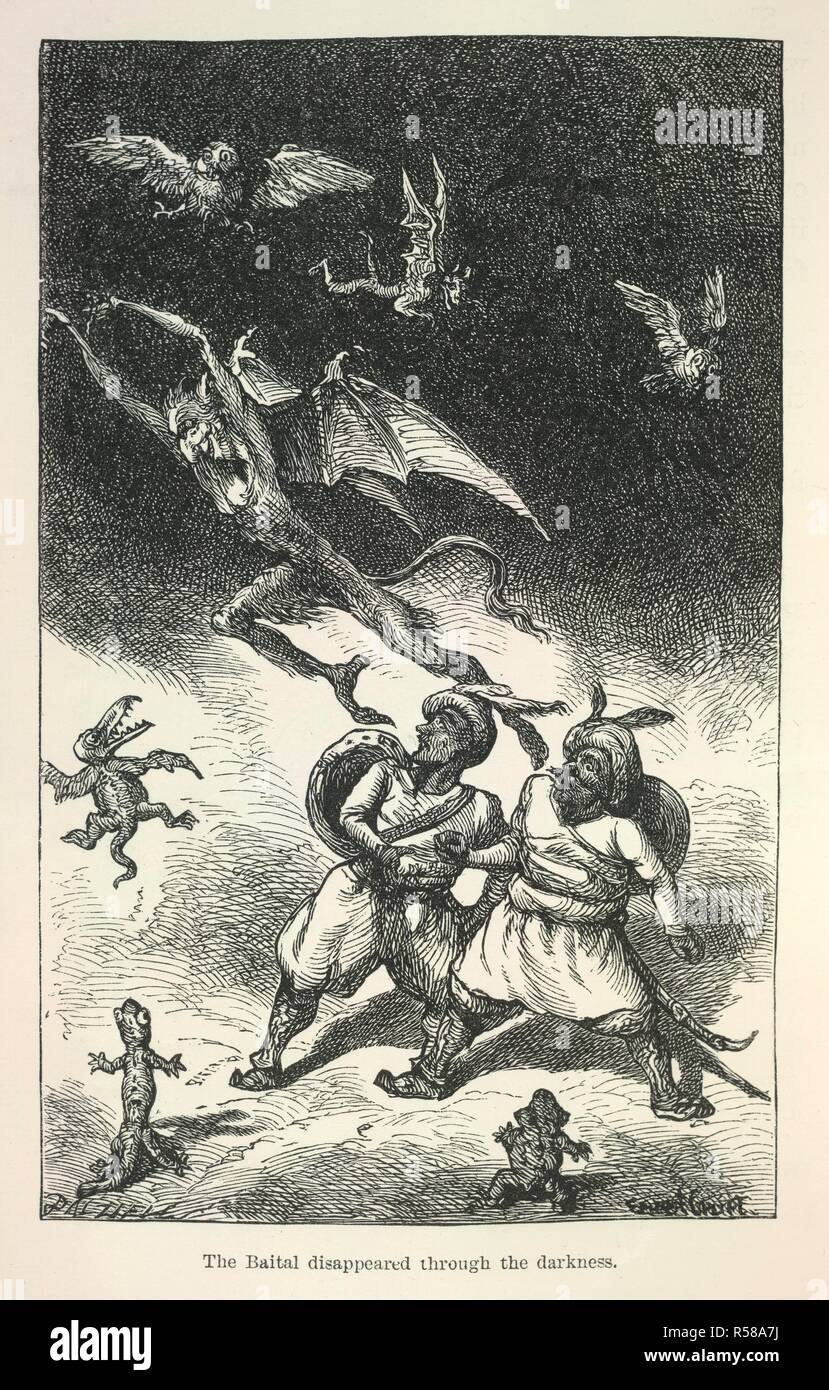L'Baital. Vikram et Vampire ; ou, tales of Hindu devilry. Ad. Longmans & Co., London, 1870. L'Baital disparu à travers l'obscurité'. Vikram et son fils, Dharma Dhwaj, regarder la baital (vampire ou un mauvais esprit qui anime des corps morts) s'envoler. Image prise de Vikram et Vampire ; ou, tales of Hindu devilry. [Adapté de l'Appât:al-Pach:est:i] par Richard F. Burton avec ...illustrations de Ernest Griset. Publié à l'origine/produit dans Longmans & Co., London, 1870. . Source : 14156.h.58, en face de 165. Langue : Anglais. Auteur : Griset, Ernest. Sir Richard Francis Burton,. Banque D'Images