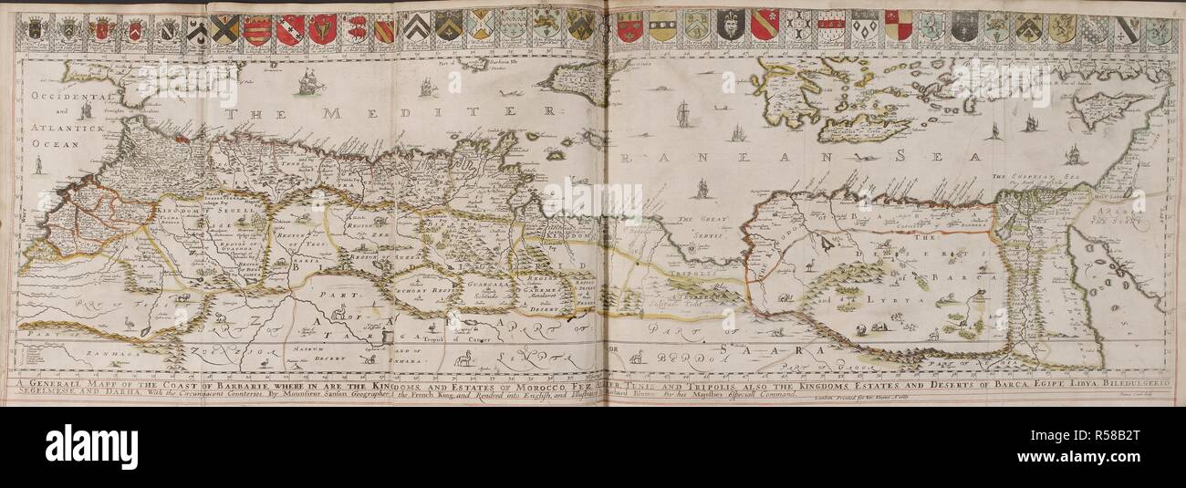 Carte de la côte des Barbaresques. Un generall mapp de la Côte de Barbarie, où dans le . . . Le Maroc . . . La Libye . . . Et Darha ; avec l'circumjacent counteries [ !] / par Mounsieur [ !] Sanson . . . Rendred [ !] en anglais, et illustré par Richard Blome . . . 1667 ; Francis Sculptures d'agneau. Londres : Imprimé pour Richard Blome, 1669. Source : C.39.d.2 page 6-7. Banque D'Images