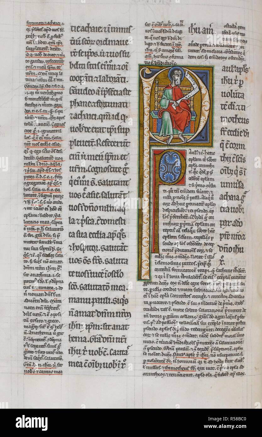 Initiale historiée 'P' d'un assis Saint Paul. Épîtres de Saint Paul. 13e siècle. Source : Royal 4 E. IX, f.84v. Langue : le latin. Banque D'Images
