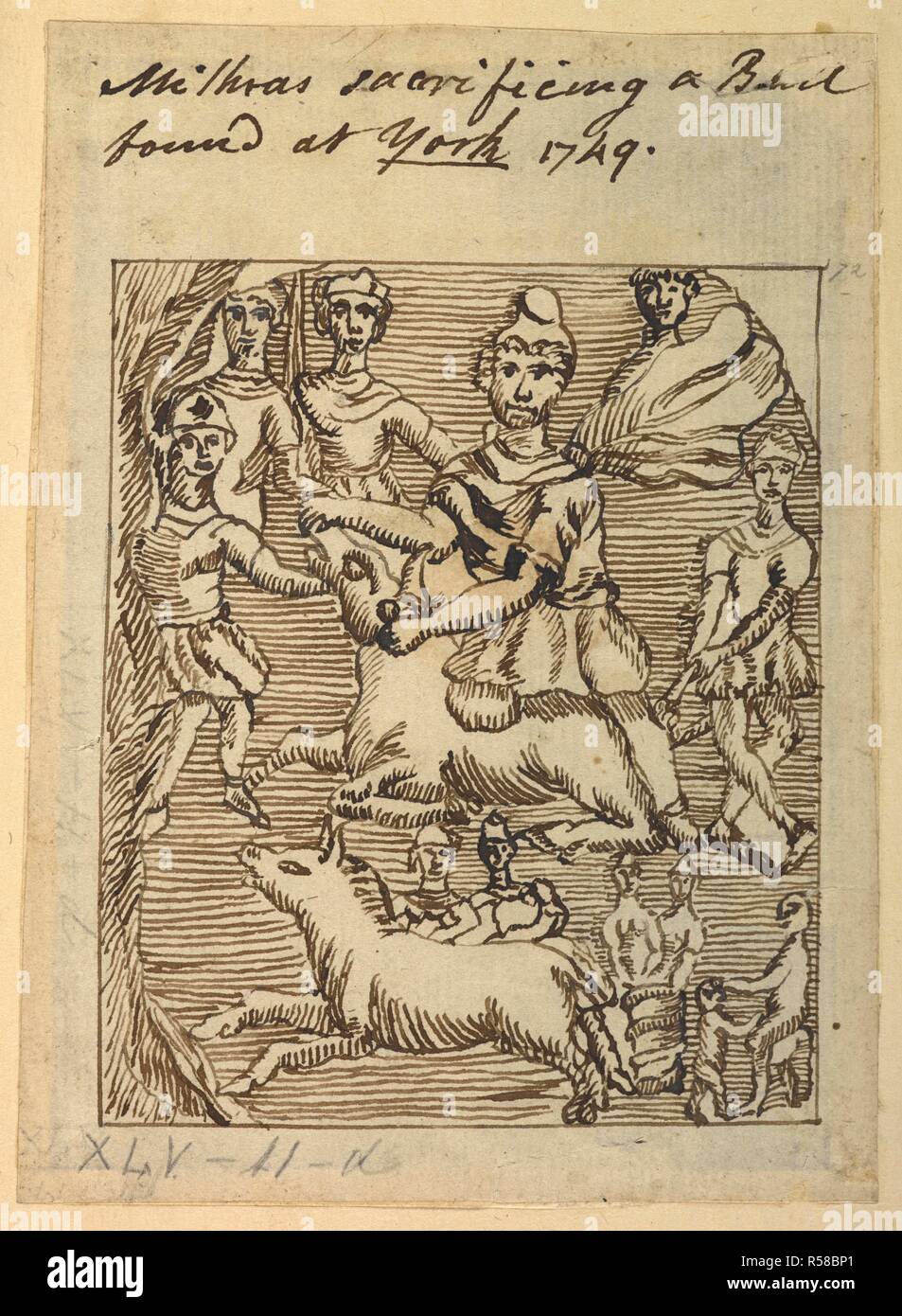 Un croquis d'un stone relief représentant Mithra sacrifiant un taureau, trouvés dans Micklegate, New York en 1749. Mithra sacrifiant un taureau ; trouvé à la York 1749. c. 1749. Source : Maps K.Haut.45.11.d. Langue : Anglais. Banque D'Images