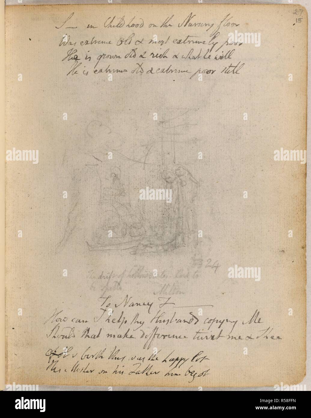 10 emblème ; Poèmes de Blake. Ordinateur portable de William Blake.  L'Angleterre ; années 1787-1818. [Ensemble] dessin d'emblème folio deux  personnages à la recherche d'un homme prostré sur le bas, et l'inscription