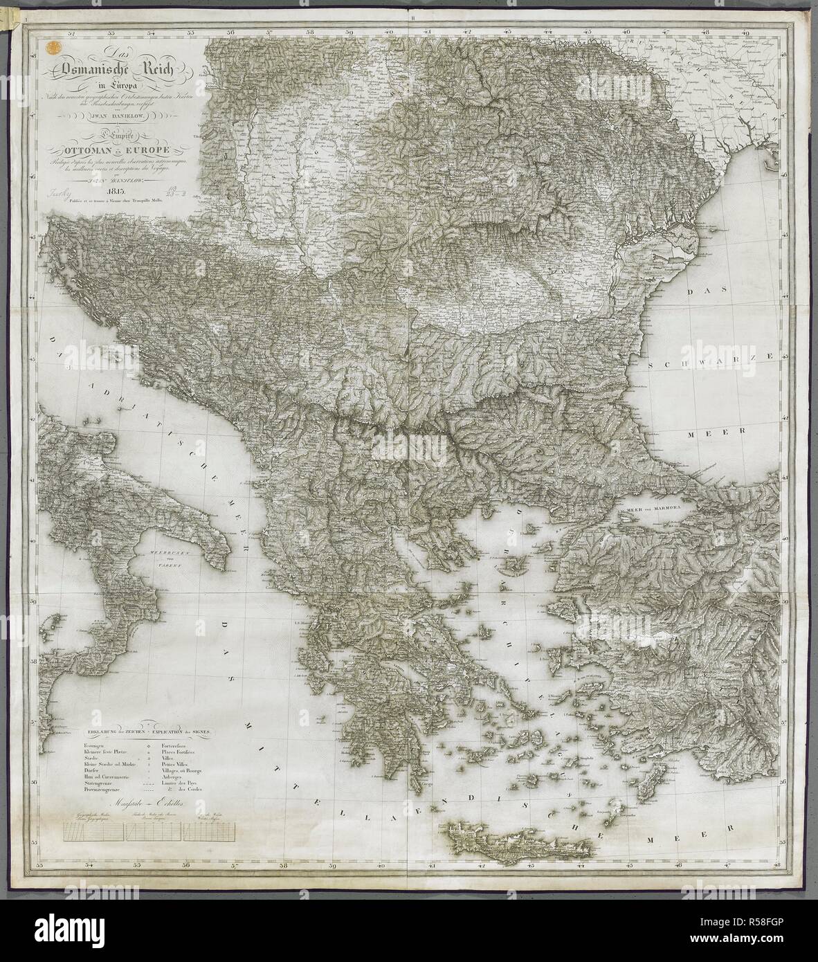 Une carte de l'Empire Ottoman en Europe. Das Osmanische Reich in Europa : nach den neuesten geographischen Ortsbestimmungen, besten Karten und Reisebeschreibungen, befasst. [Vienne] : PubliÃ©e et se trouve Ã Vienne chez Tranquillo Mollo, [1813]. Source : Maps K.Haut.113,23.2.11.tab. Langue : Allemand. Banque D'Images