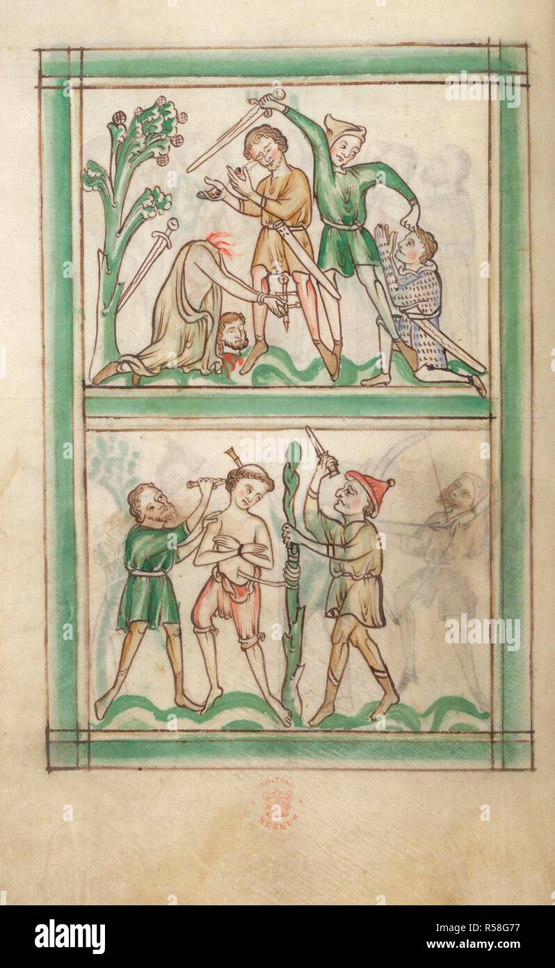 Les martyres de Saint Alban et Saint Amphibaldus. Psautier. vers 1250-1260. Source : Royal 2 B. VI, f.10v. Langue : le latin. Banque D'Images