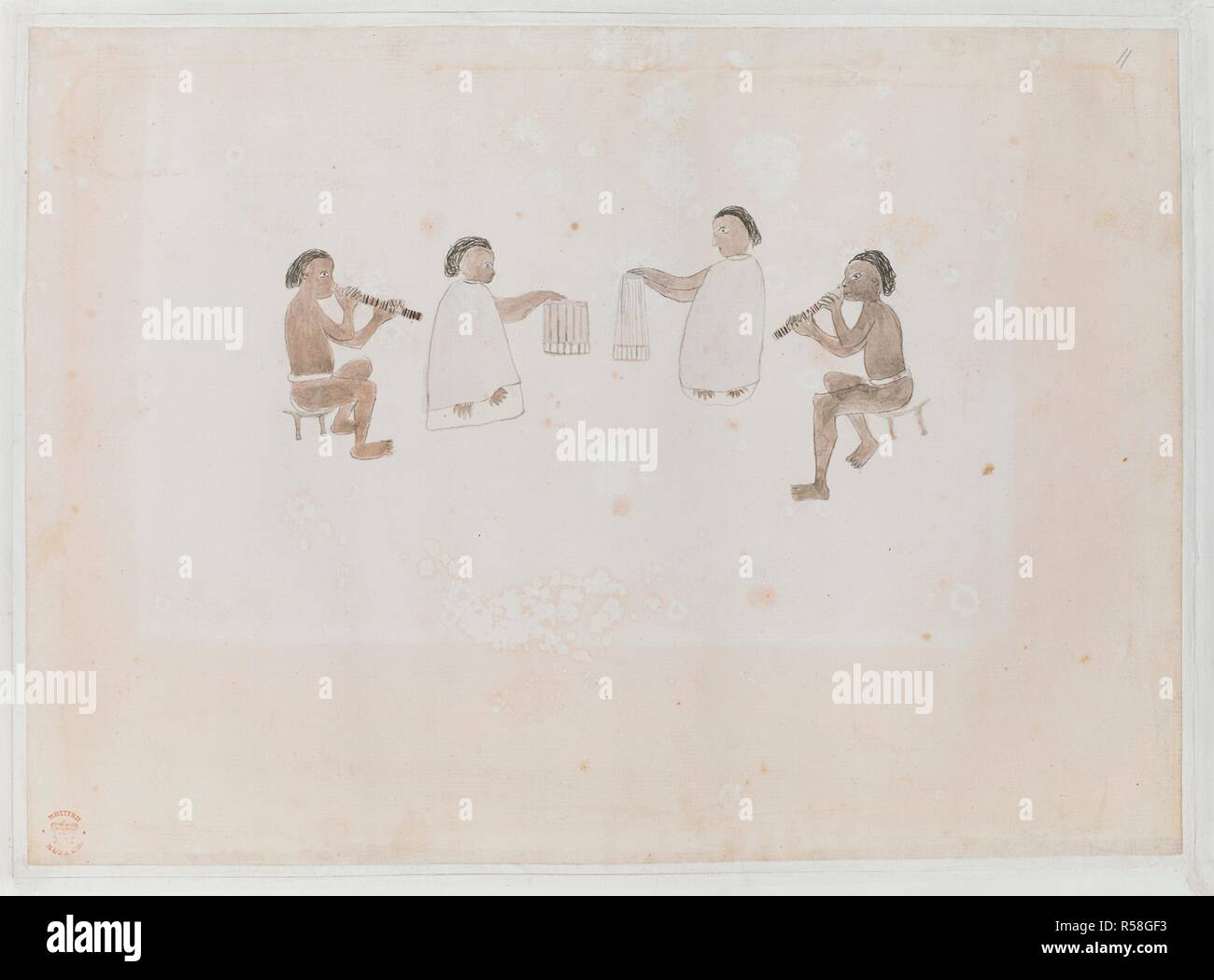 Les musiciens de Tahiti. Quatre tahitiens, deux vêtus de la mare de jouer la flûte ; deux vêtus de la tiputa battre tambours.« dans mon matin à pied aujourd'hui, j'ai rencontré une compagnie de musiciens voyageurs ; ils m'ont là où ils devraient être de nuit pour après le dîner nous avons tous réparés à l'endroit. Il y avait un grand concours de personnes autour de ce groupe, qui était composé de 2 flûtes et trois tambours.â€ enregistré dans le Journal de Joseph Banks I, 290, 12 juin 1769. Les dessins, à l'encre, d'illustration du capitaine Cook, premier voyage, 1768 -1770, principalement relatifs à Otaheite et la Nouvelle-Zélande, par A. Buchan, John F. Miller, Banque D'Images