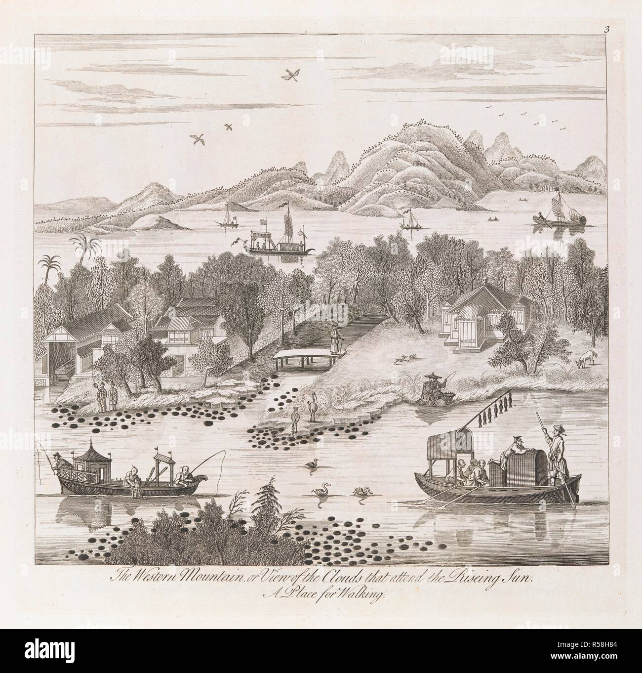 Avec une vue sur un lac ou une rivière, l'eau sortant d'un flux avec un pont traversant et la terre de chaque côté avec un bateau-maison, des bâtiments et des arbres. Des arbres, des plantes ou des pierres ovales sombres près du rivage et des bateaux de pêche au premier plan, et un paysage rocheux à l'arrière-plan. [Paris] : [imprimé et vendu par Thomas Bowles, John Bowles, et son fils, Robert Sayer, et Henry Overton], [1753]. la gravure. Source : 7 Cartes.tab.73, planche 3. Langue : Anglais. Banque D'Images