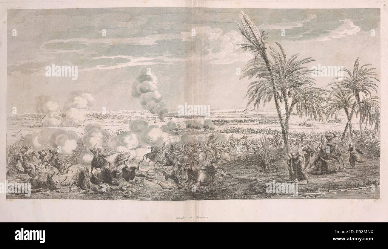 Une scène de bataille. Voyage dans la basse et la Haute-EÌgypte pendant les campagnes du geÌneÌral Bonaparte. Paris, 1802. Bataille des Pyramides. Image prise de Voyage dans la basse et la Haute école gypte pendant les campagnes du gÃ©nÃ©ral Bonaparte. Publié à l'origine/produit à Paris, 1802. . Source : 458.h.11-12, planche 12. Langue : Français. Auteur : DENON, DOMINIQUE VIVANT, BARON. Banque D'Images