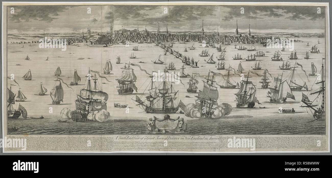 Boston vu de l'île, avec des navires britanniques et les bateaux naviguant dans l'avant-plan ; quais, un port, des chantiers navals, églises, maisons d'éminents citoyens, salles de maisons, églises et chapelles le long du front de mer en arrière-plan. Une vue du sud-est de vous une grande ville de Boston en Nouvelle Angleterre en Amérique latine : à l'Hon.ble Sam.l Shute Esq.r Cap.t général & Gov.r en chef de sa Maj.ti's Provinces de la Massachusetts Bay & New Hampshire en Nouvelle-Angleterre et Vice-amiral de la même, cette perspective de la ville de Boston est dédié humblement par yo.r rs Hon.plus Obed.t Hum. Serv.ts Tho.s Selby Wil Banque D'Images