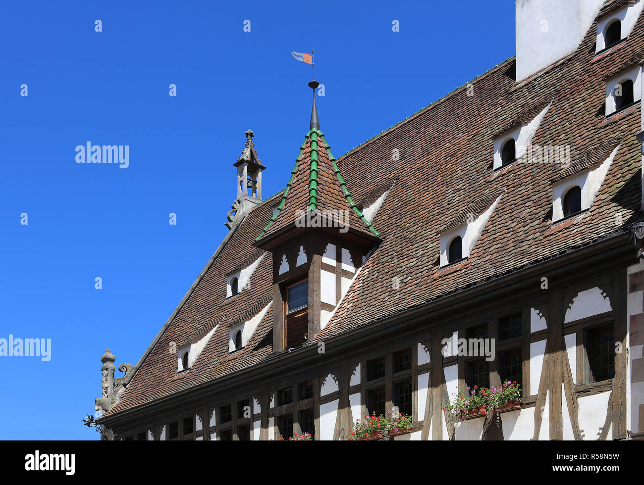 Plus de détails : halle aux blÃ©s ou kornhalle à Obernai en Alsace Banque D'Images