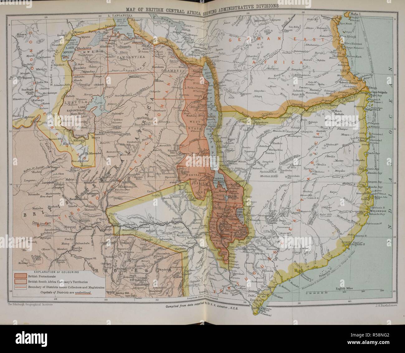 La carte de l'Afrique centrale montrant des divisions administratives. L'Afrique centrale britannique ... Avec six cartes et 220 illustrations, etc. Londres : Methuen & Co., 1897. Source : 2358.h.9 page 154 en face de la plaque. Auteur : Johnstone, Harry Hamilton. Banque D'Images