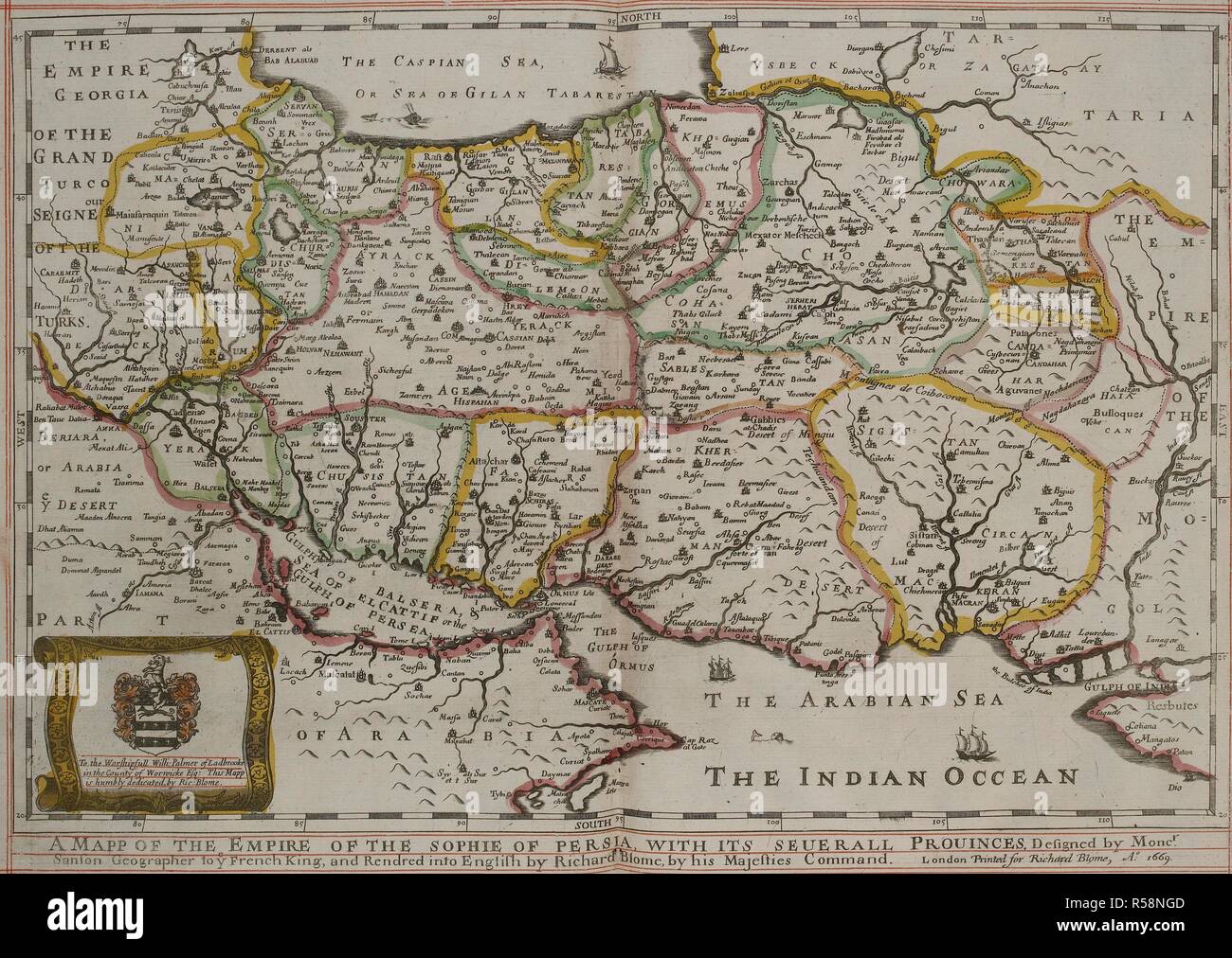 La carte de l'empire de Sophie de Perse. Un mapp de l'Empire de la Sophie de Perse, . . . / Conçu par Moncr. [ !] Sanson . . .  ; Rendred [ !] en Anglais par Richard Blome . . . Un[nn]o : 1669. Londres : R. Blome, 1670. Source : C.39.d.2 pages 36-37. Banque D'Images