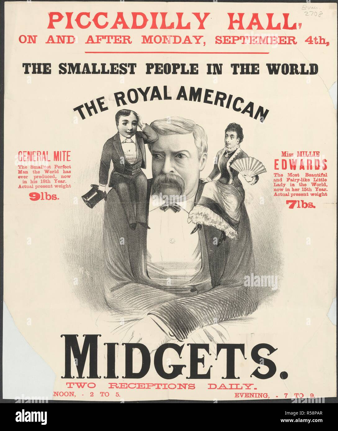 Hall Piccadilly. Une collection de brochures, tracts, et miscella. Londres, 1800 - 1895. Une affiche pour une exposition au Piccadilly Hall, appelé 'la plus petite au monde'. Général acarien et Mlle Millie Edwards, le 'Royal American Midgets". Image réalisée à partir d'une collection de brochures, prospectus et autres imprimés relatifs aux infirmières de l'entertainment et de la vie quotidienne. Publié à l'origine/produit à Londres, 1800 - 1895. . Source : EVAN.2708,. Banque D'Images