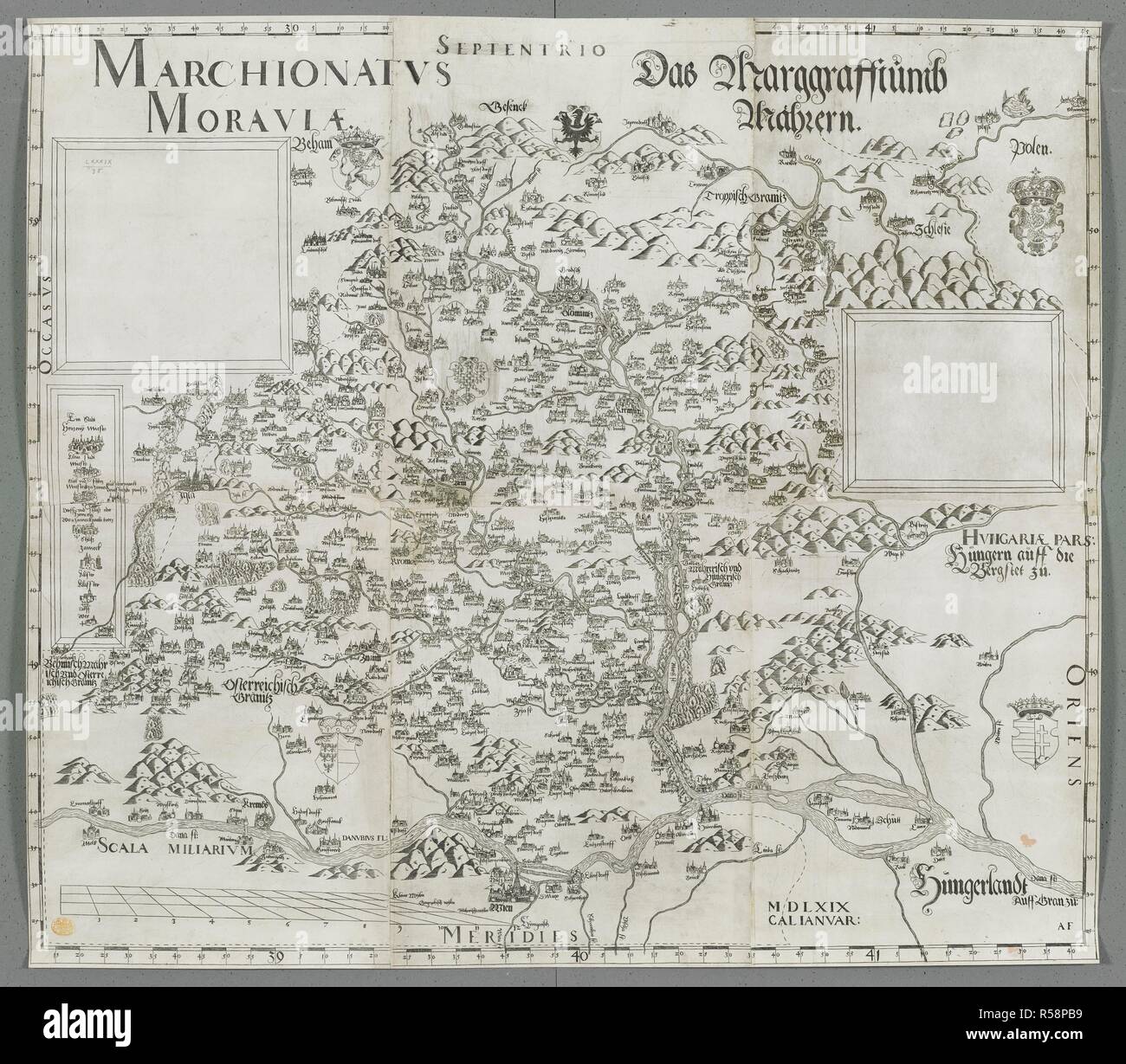 Une carte de la Moravie. Marggraffthumb MORAVIAE MARCHIONATUS  = Das MÃ¤hrern. Vienne [ ?] : [Paul Fabricius], [1569]. Source : Maps K.Haut.89,38. Langue : le latin et l'allemand. Banque D'Images