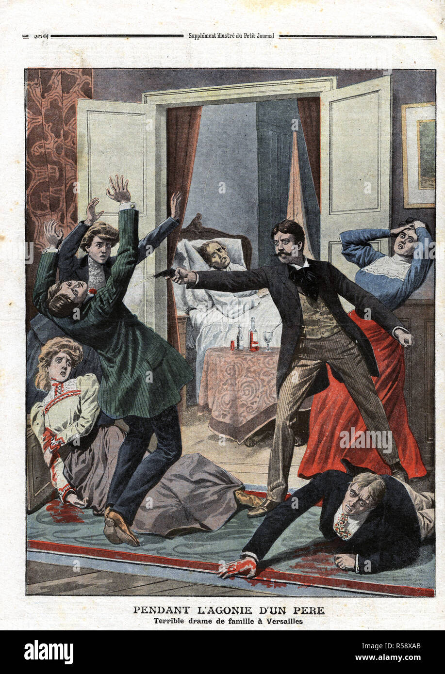 L'illustration montre le lit de mort de la science d'un officier américain, Henry-Alonzo Huntington. Huntington est mort dans son lit, tandis que l'un de ses ex-fils, Henry Huntington, tire un autre frère mort. Une sœur est mortellement blessé, tandis qu'un autre frère blessé, du sang couler de son abdomen, rampe loin dans l'horreur. Deux autres sœurs jeter leurs armes jusqu'à l'horreur. Banque D'Images