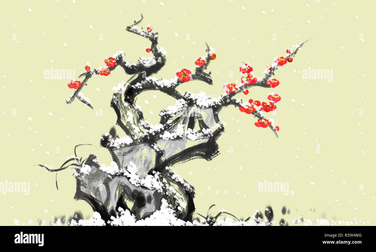 La neige pierre prunier peinture chinoise Banque D'Images