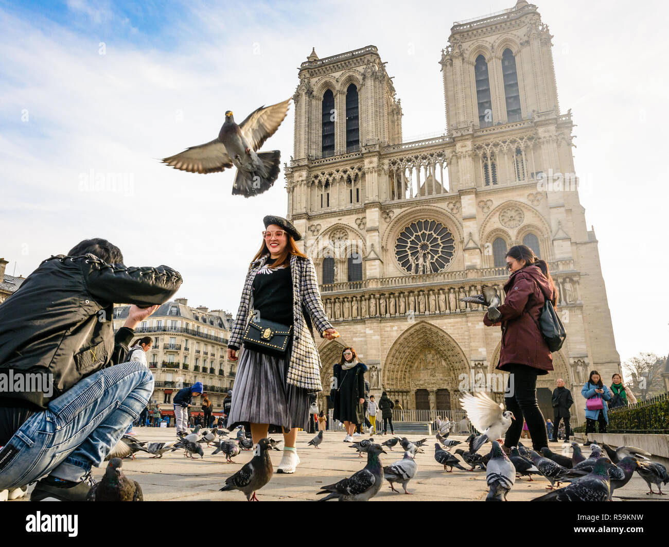 Un touriste asiatique prend des photos de sa petite amie au milieu de la marche s'envoler les pigeons en face de la cathédrale Notre-Dame de Paris par un beau matin d'automne. Banque D'Images