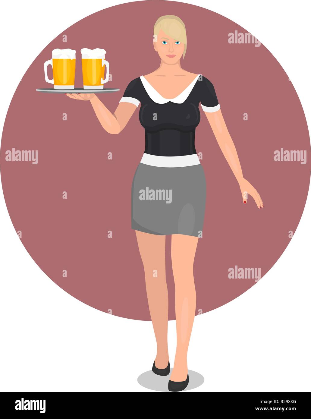 Blonde aux yeux bleus, travailler comme serveuse. La serveuse porte une plaque sur laquelle deux verres de bière. Illustration de Vecteur