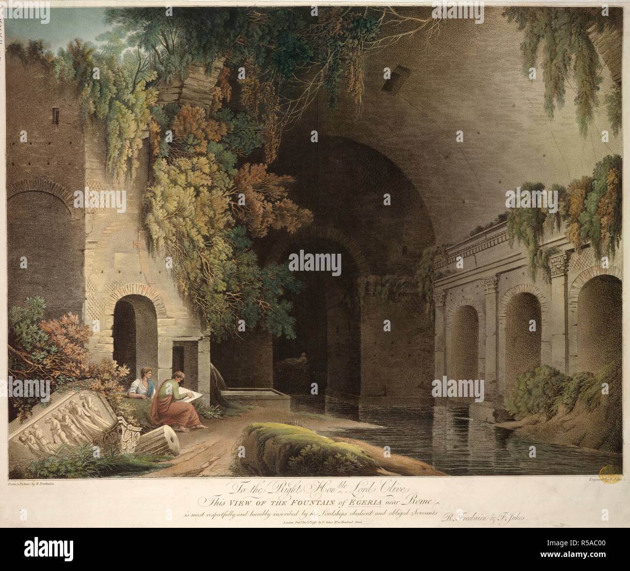 Deux hommes vêtus de robes classiques s'asseoir et de dessiner par un ruisseau à l'entrée voûtée d'une grotte où la sculpture d'une nymphe inclinable peut être vu dans le noir scintillant dans l'arrière-plan. Des fragments de sculpture antique et l'architecture sur l'herbe peut être vu dans l'avant-plan . Vue de la FONTAINE DE EGERIA près de Rome : à l'Hon.ble droit Seigneur Clive ce [Voir] est plus respectueusement et humblement inscrit par ses seigneuries obéissant et obligés serviteurs R. Freebairn & F. Jukes. Londres : Pub.d Dec.r 1st. 1796. par F. Jukes n° 10, rue Howland [1 décembre 1796]. La main, l'aquatinte, eau-forte Banque D'Images