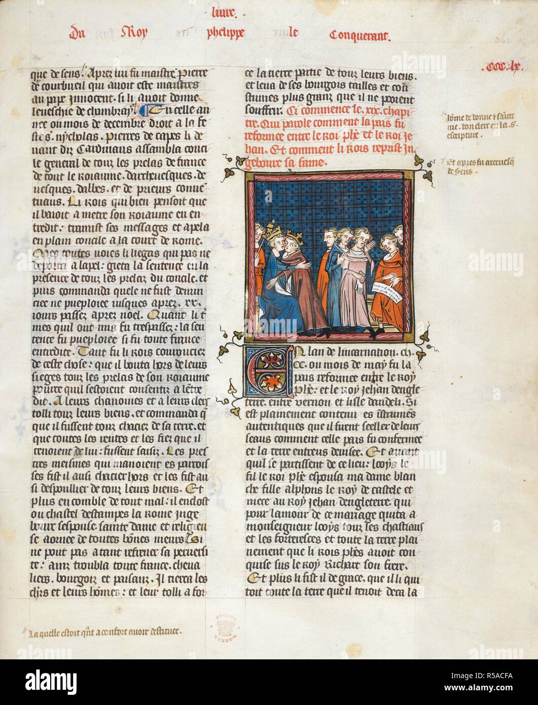 Philippe Auguste et le roi Jean d'Angleterre à faire la paix (Philippe Auguste, livre 2, 19). . Grandes Chroniques de France ou de St Denis. 1332-1350. Source : Royal 16 G. VI, f.362. Langue : Français. Auteur : Mahiet, maître de la Missel de Cambrai. Banque D'Images