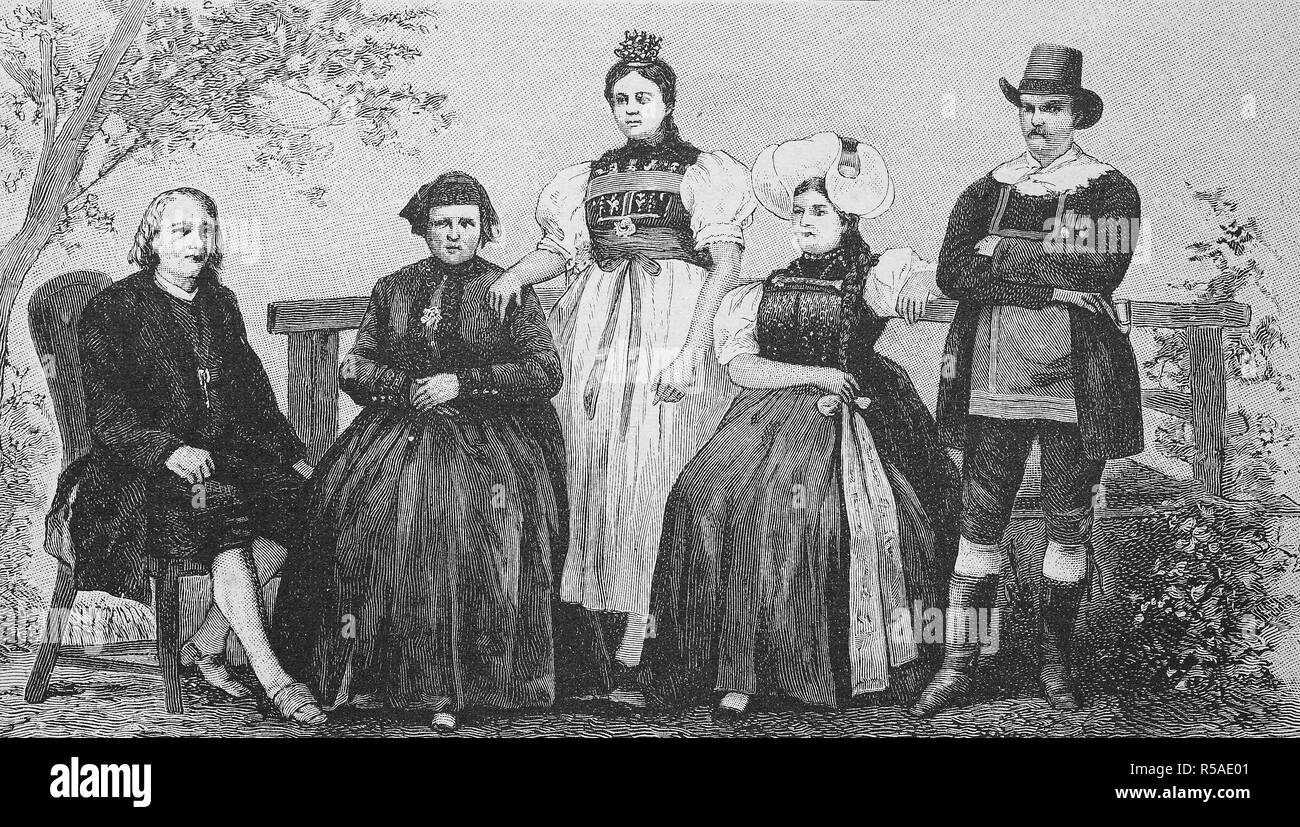 Les gens de la Forêt Noire dans leurs costumes populaires, reproduction d'une gravure sur bois à partir de la publication de l'année 1888 Banque D'Images