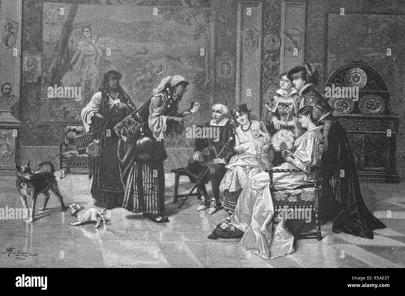 Devin, visites, une famille gitane prophétie par jeu de carte, gravure sur bois, 1888, France Banque D'Images