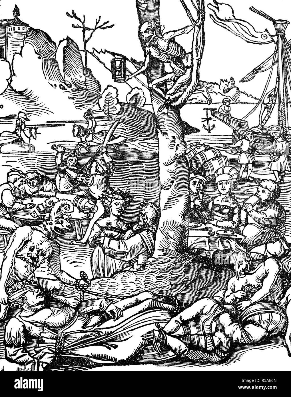 Allégorie sur les conséquences de l'excès du vin, femme et jouer, 1510, gravure sur bois, France Banque D'Images