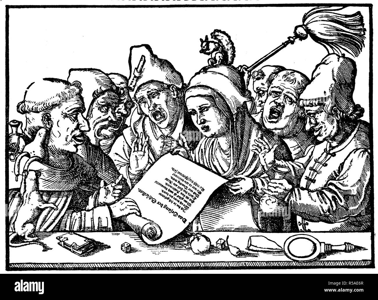 Les clercs de conduite avec un chant sur le festin, 1510, gravure sur bois, Italie Banque D'Images