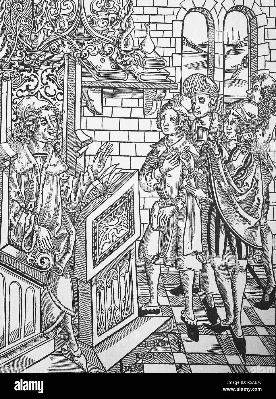 Les professeurs d'université et les étudiants de différents costumes, de Brunschwig, Chirurgia, 1497, gravure sur bois, Italie Banque D'Images