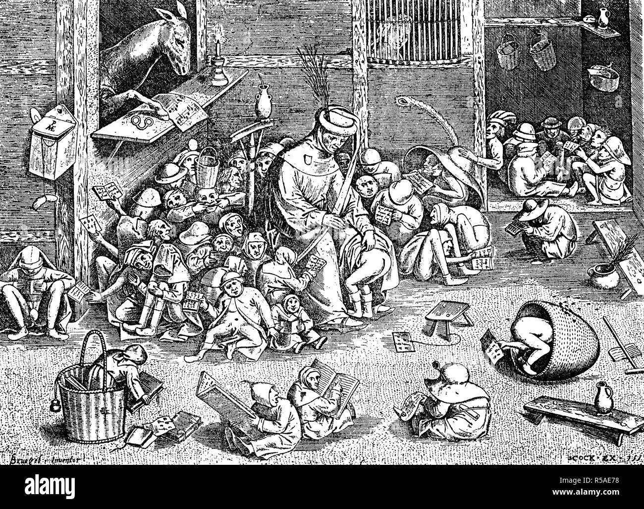 Représentation satirique d'une scène de l'école, 1557, gravure sur bois, Angleterre Banque D'Images