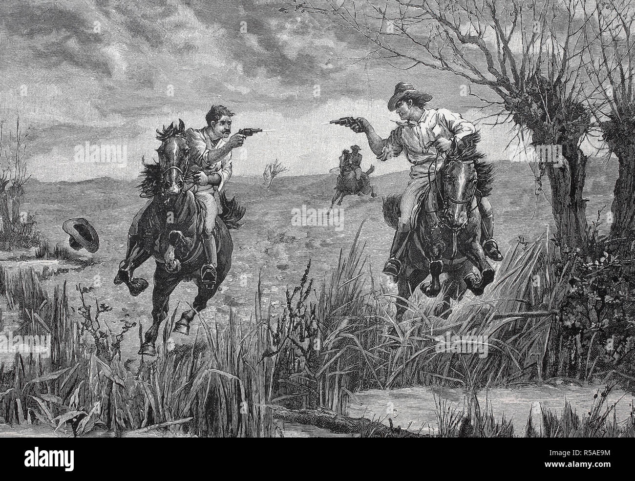 Cowboys américains avec des pistolets de duel le cheval, gravure sur bois, 1885, USA Banque D'Images
