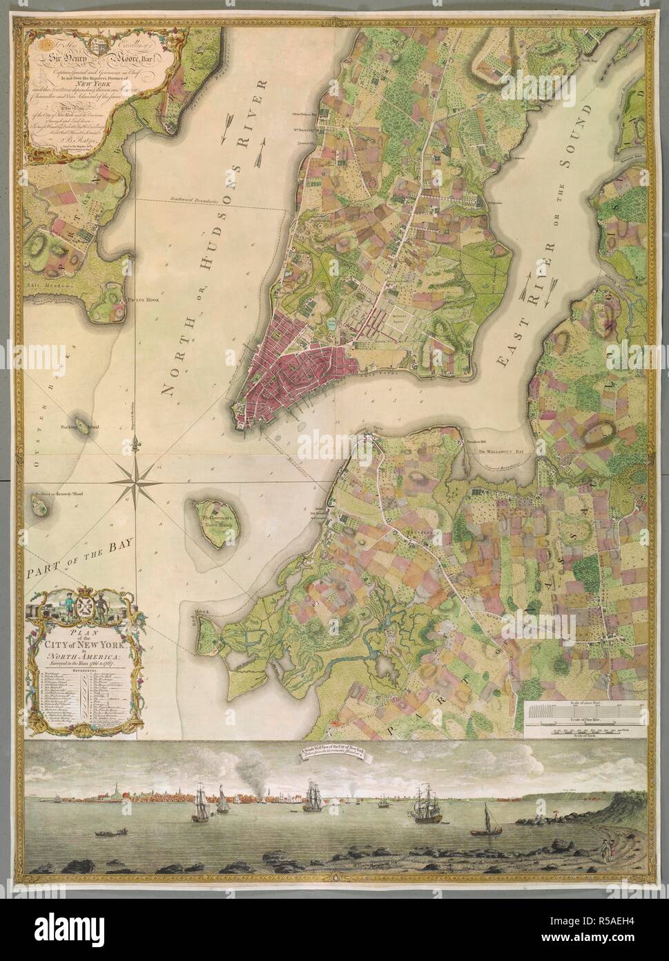 Un plan du xviiie siècle de la ville de New York. PLAN DE LA VILLE DE NEW YORK, en Amérique du Nord : interrogés dans les années 1766 & 1767 / B. Ratzer, Lieut.t dans son 60e Majestys ou Royal American Reg.t. [Paris] : [Thomas Kitchin], [à propos de 1770.]. 1 carte sur 3 feuilles : rejoint et jeté sur le linge, la gravure sur cuivre avec l'original de la carte ; couleur de 118 x 86 cm, taille environ 1:1000. Source : Maps K.Haut.121,36.b. Auteur : Ratzer, Bernard. Banque D'Images