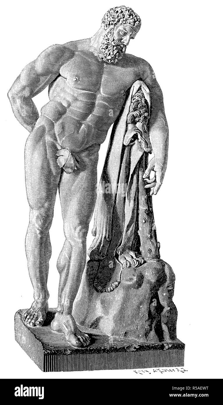 Héraclès, héros divin dans la mythologie grecque, antique statue en marbre à Naples, gravure sur bois, 1888, Italie Banque D'Images