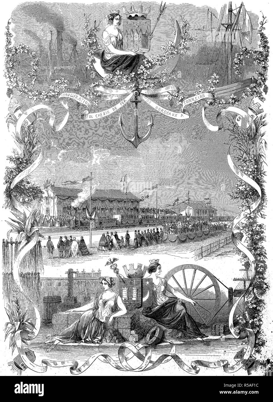 L'ouverture de la première gare du chemin de fer du sud français, Bordeaux, 1856, gravure sur bois, France Banque D'Images