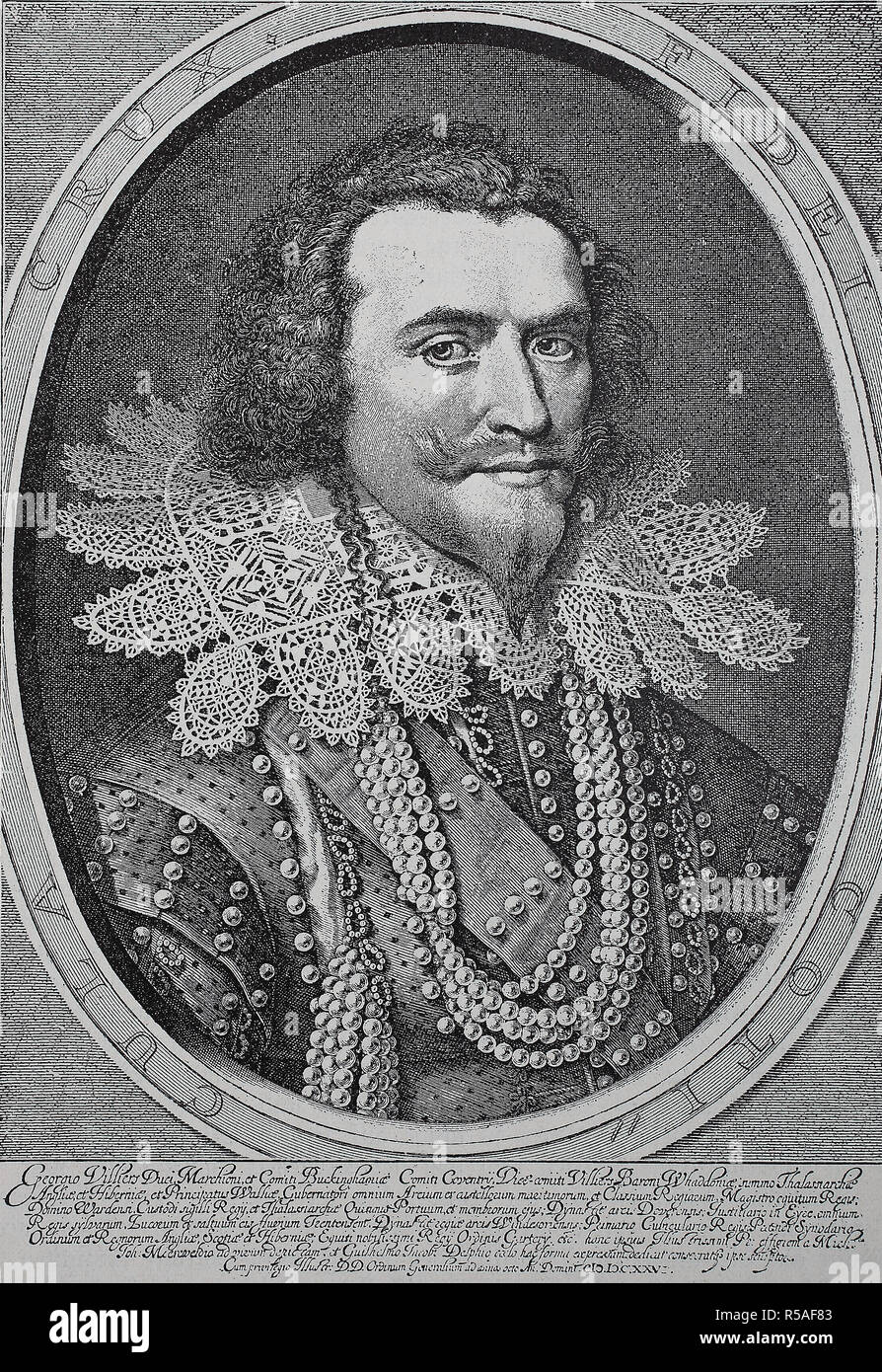 Portrait de George Billiers, duc de Buckingham, gravure par Delff, 1626, d'après une peinture par Miereveld, woodcut, Angleterre Banque D'Images