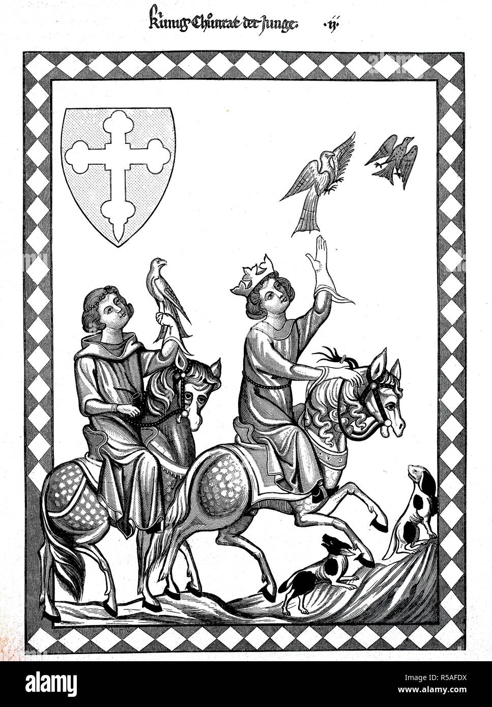 Le roi Conradin, petit-fils de Frédéric II, un faucon a monté au cours de la cueillette chasser avec son ami Friedrich Banque D'Images