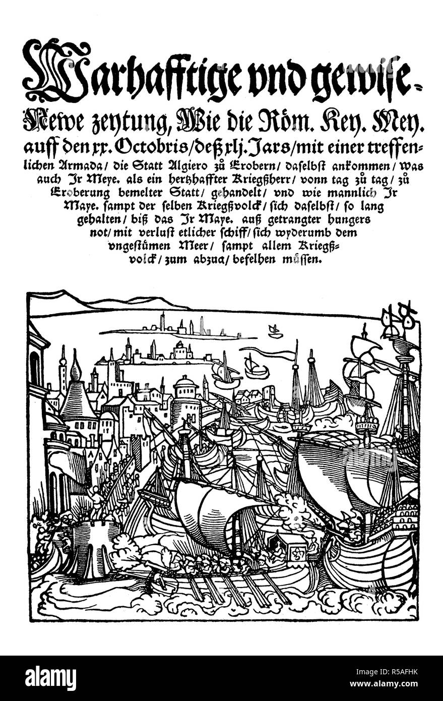 Titre image et de première ligne d'un nouveau journal à propos de Charles V., veut conquérir la ville de Algiero Avec son armada, Alger Banque D'Images